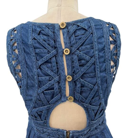 Free People New Romantics Highland Denim Mini Dress Sleeveless Cutout Size 8 - Picture 10 of 15